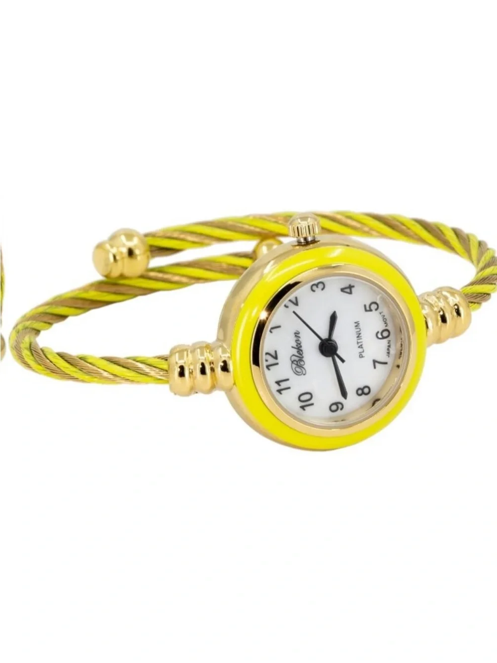 Women's Gold And Yellow Analog Elegant Cable Cuff Arabic Numbers Bracelet Watch